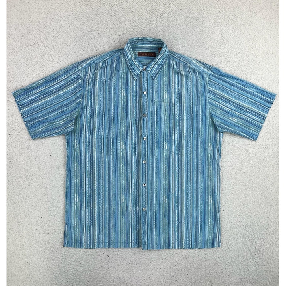 Tori Richard Shirt Mens Medium Blue Striped Cotton Lawn Short Sleeve Button Up